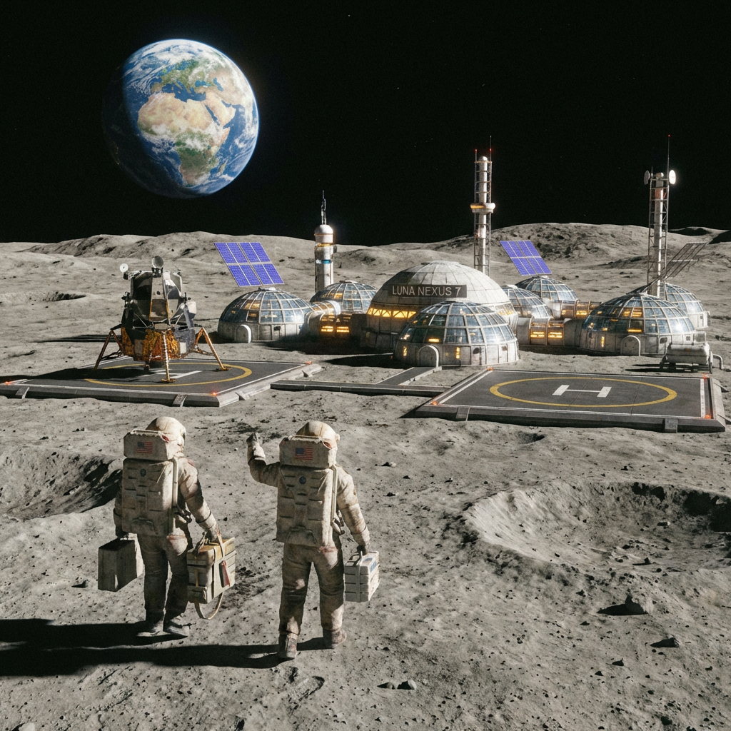 Two astronauts carry gear toward the LUNA NEXUS 7 lunar base under a large Earth.