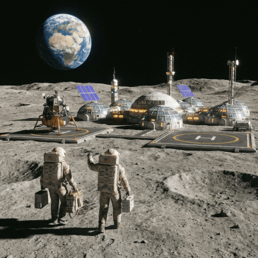 Two astronauts carry gear toward the LUNA NEXUS 7 lunar base under a large Earth.