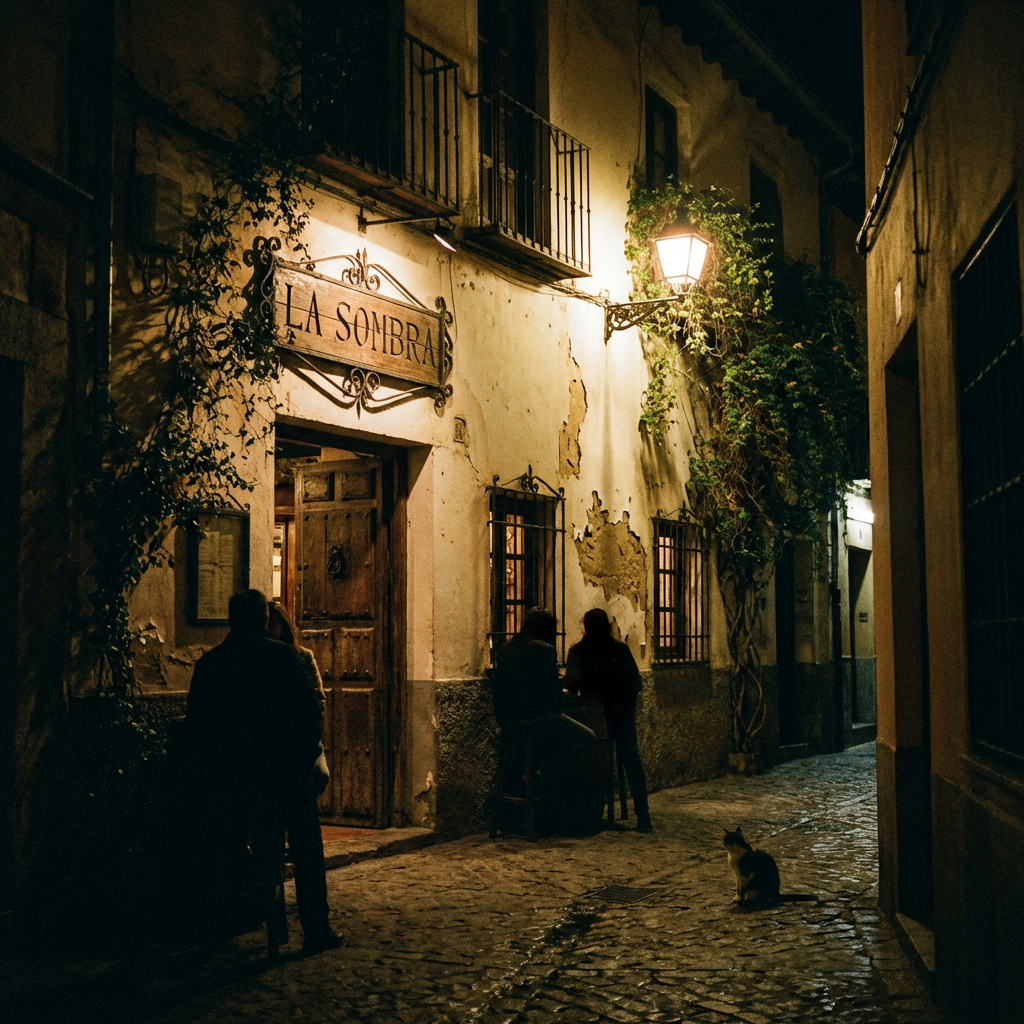 Exterior of LA SOMBRA tavern at night on a cobblestone street with a cat.