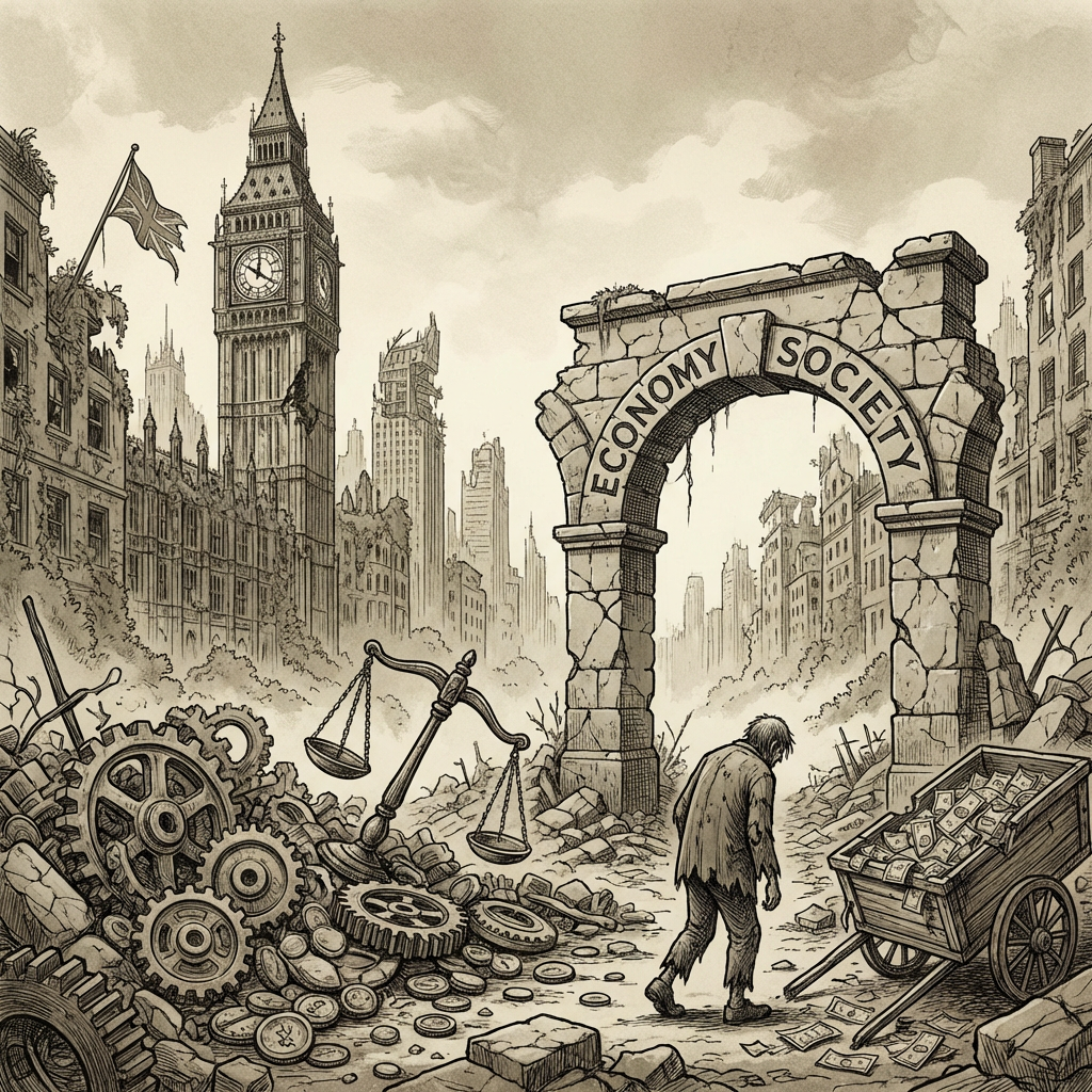 Illustration of a man walking through ruins under an arch labeled Economy and Society.