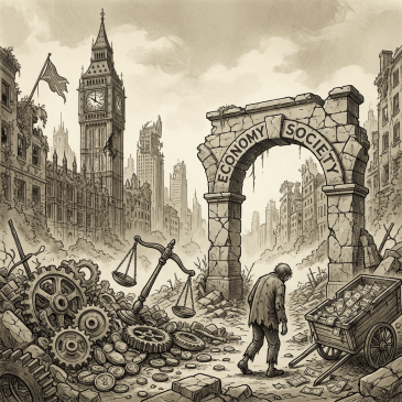 Illustration of a man walking through ruins under an arch labeled Economy and Society.
