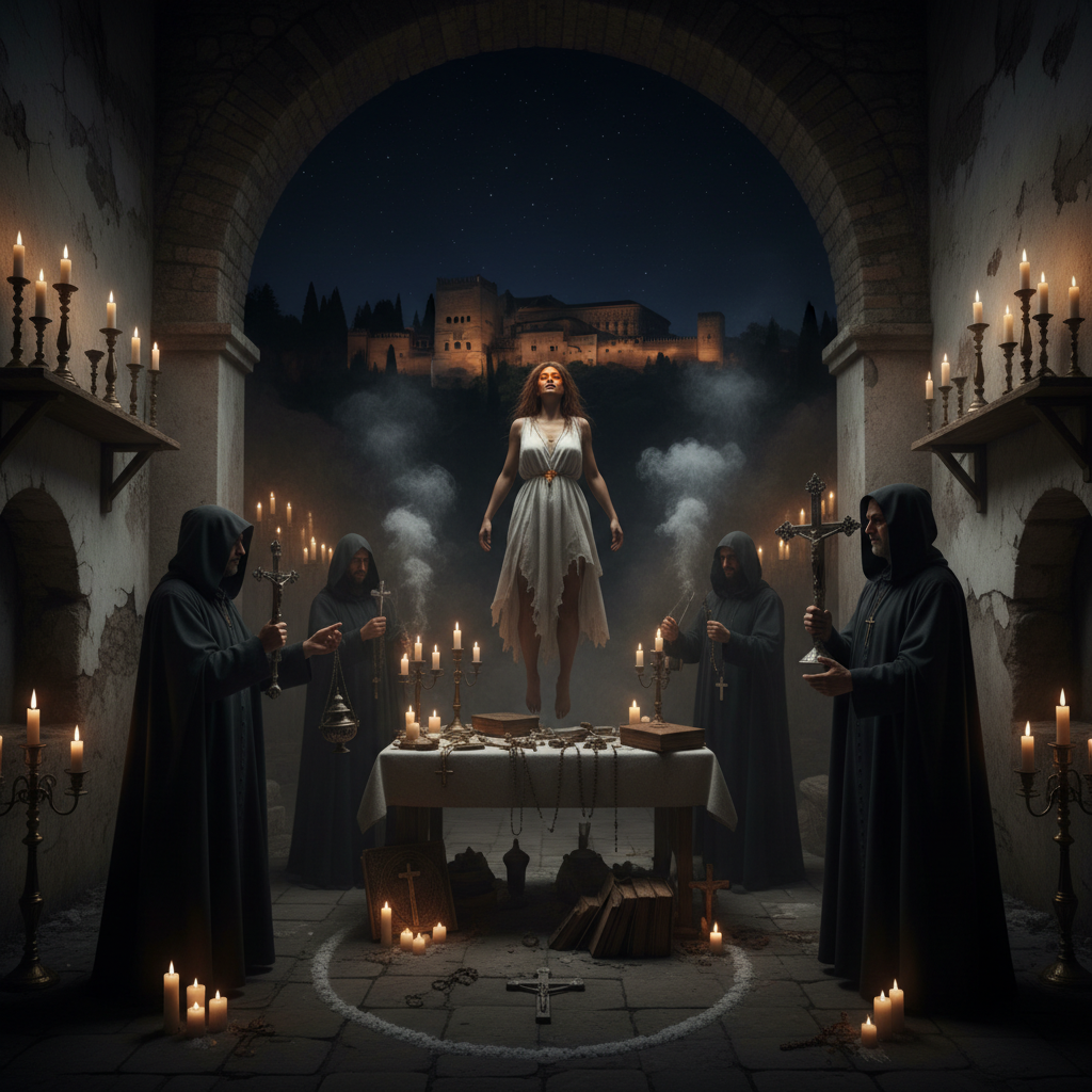 A woman levitating over a ritual table surrounded by robed men holding crosses and candles.