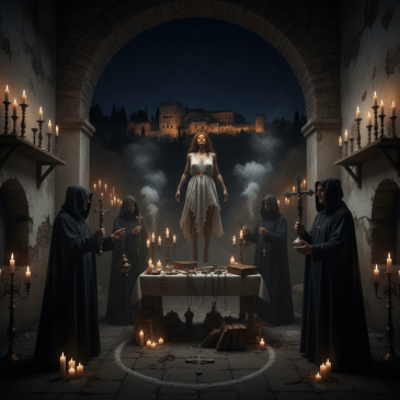 A woman levitating over a ritual table surrounded by robed men holding crosses and candles.