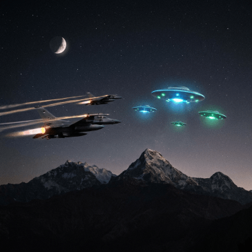 Two fighter jets flying toward four glowing UFOs over snowy mountains at night