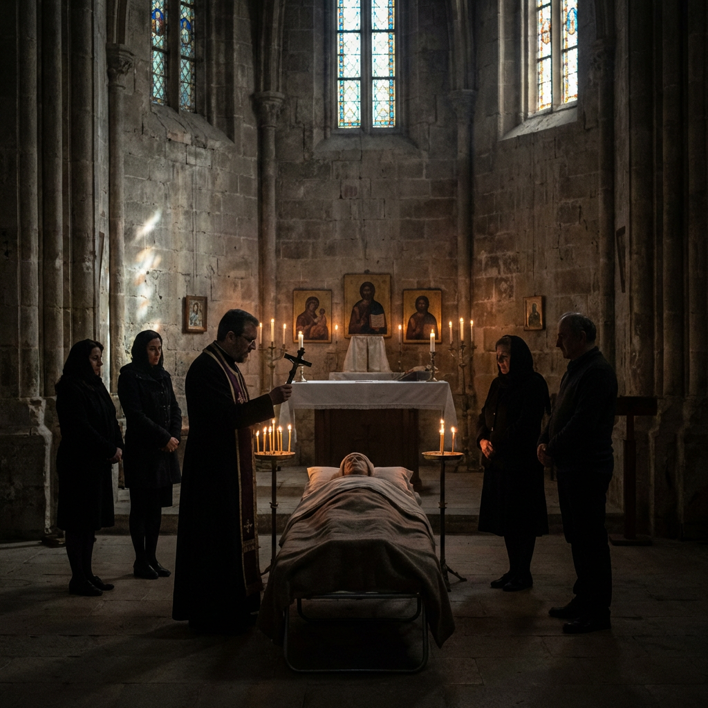 Priest and mourners gather around a deceased person during a solemn Orthodox funeral service.