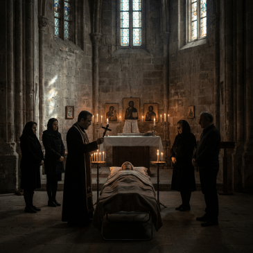 Priest and mourners gather around a deceased person during a solemn Orthodox funeral service.