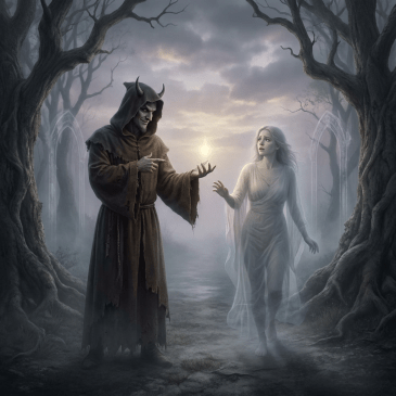 Horned figure offering a glowing orb to a translucent woman in a misty, dark forest.