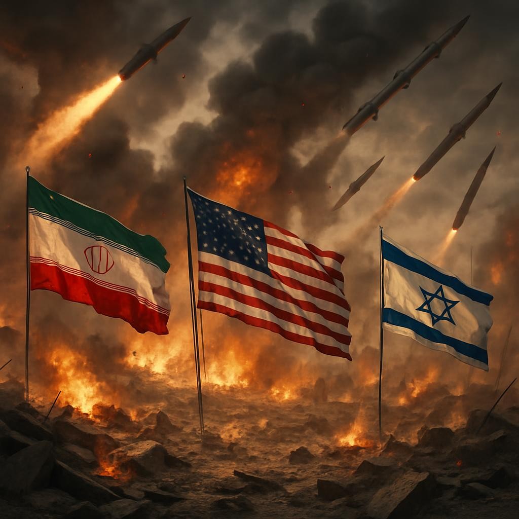 Flags of Iran, the US, and Israel standing in a burning landscape with falling missiles.