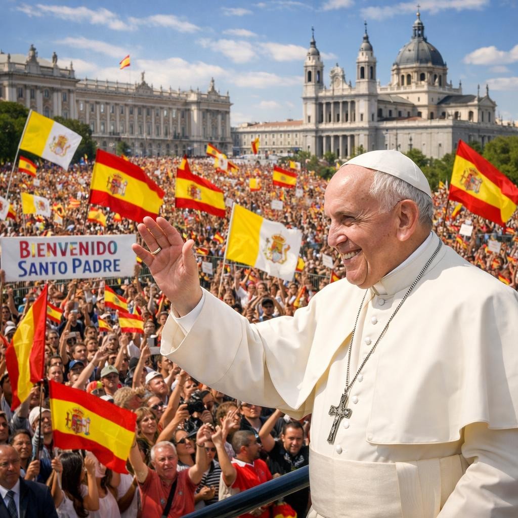 Pope Francis waving and smiling to crowd with Spanish and Vatican flags