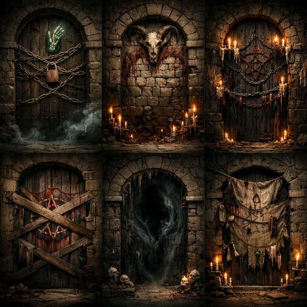 Six medieval stone archway doors with chains, occult symbols, candles, skulls, and tattered cloth in a dark dungeon.