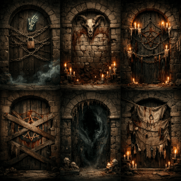 Six medieval stone archway doors with chains, occult symbols, candles, skulls, and tattered cloth in a dark dungeon.