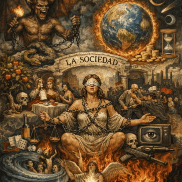 Blindfolded woman in chains surrounded by symbols of corruption, violence, and greed