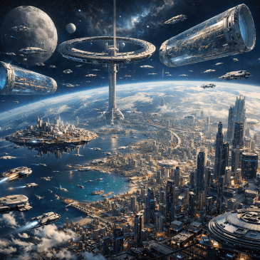 Futuristic city on a planet with tall skyscrapers, space stations orbiting, and green cylindrical space habitats