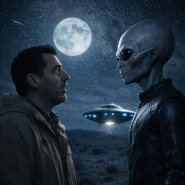 Man and alien face each other at night with UFO and full moon