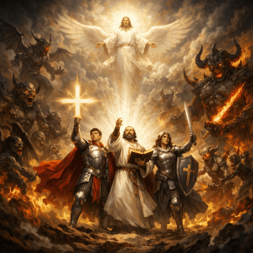 Three armored warriors and a priest facing demonic creatures with a glowing angel above