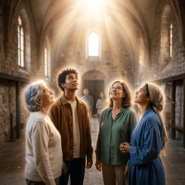 Four people standing inside a historic cathedral looking up at sunlight streaming through a high window