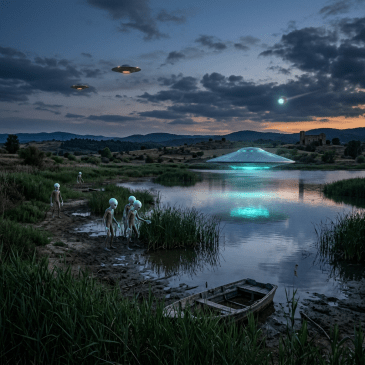 Aliens near a lake with three UFOs glowing under a twilight sky