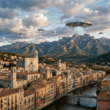 Historic town with colorful riverside buildings and multiple hovering UFOs in sky