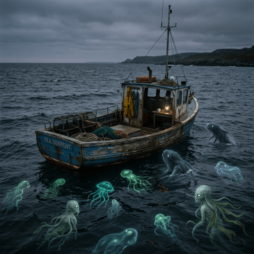 Rusty fishing boat named 'Sea Serpent' on dark ocean surrounded by glowing jellyfish and mysterious sea creatures