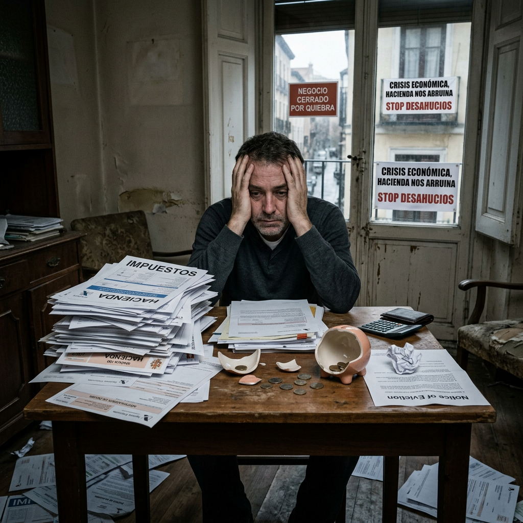 Man sitting at a table with stacks of tax bills, broken piggy bank, coins, and eviction notices in a worn room