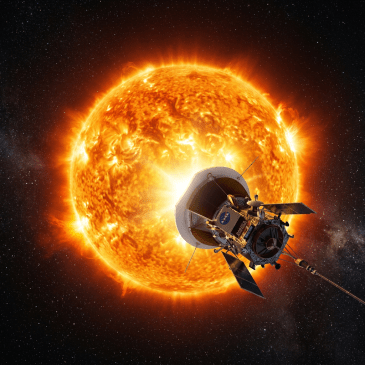 NASA spacecraft close to the Sun with solar flares and space background