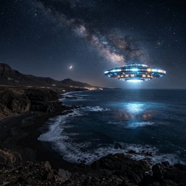 UFO with bright lights hovering above a rocky coastline at night