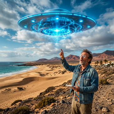 Man standing on rocky hill pointing at glowing blue UFO above sandy beach with mountains.