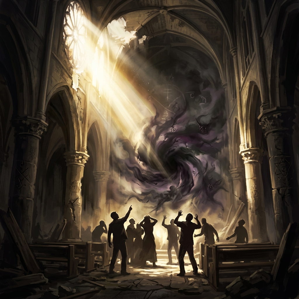 People in ruined cathedral facing a dark swirling shadow with glowing eyes under sun rays