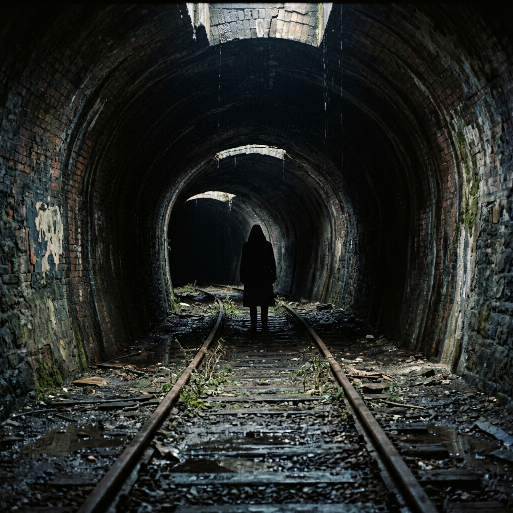 Person standing on railway tracks inside dark, decaying tunnel with broken bricks and moss