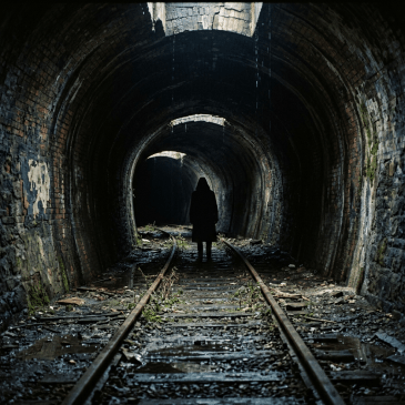 Person standing on railway tracks inside dark, decaying tunnel with broken bricks and moss
