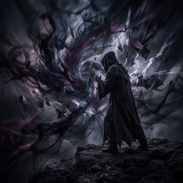 Hooded figure in cloak conjuring swirling dark purple and black magical vortex