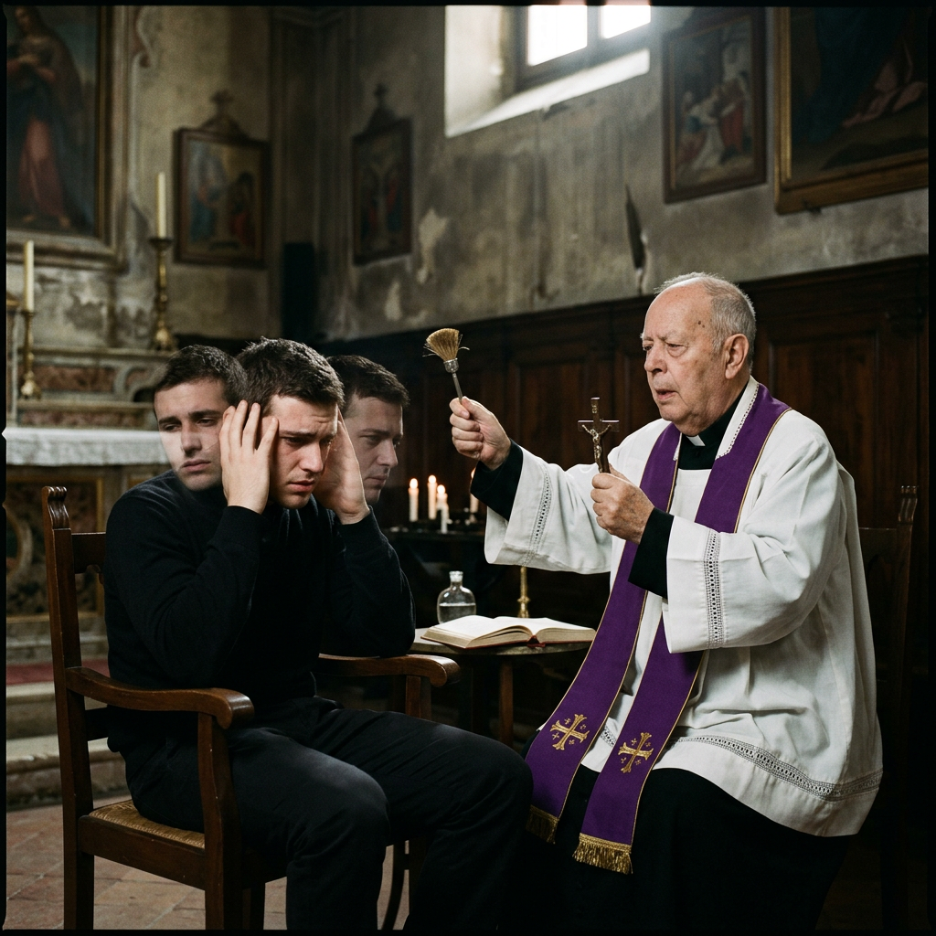 Priest performing exorcism on young man covering ears in church