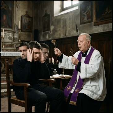 Priest performing exorcism on young man covering ears in church