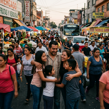 Family of five hugging happily in crowded outdoor market street