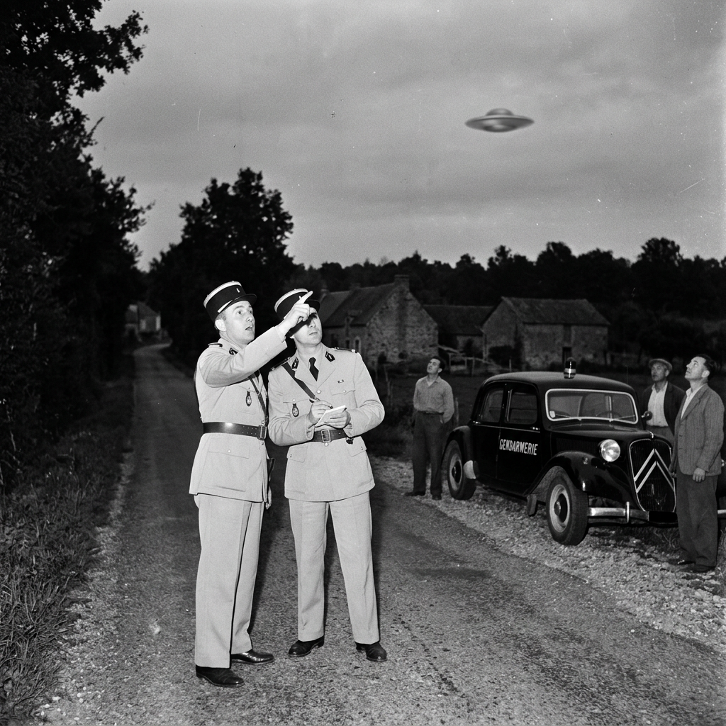 Two French gendarmes in uniform pointing at a UFO in the sky with villagers and a police car nearby