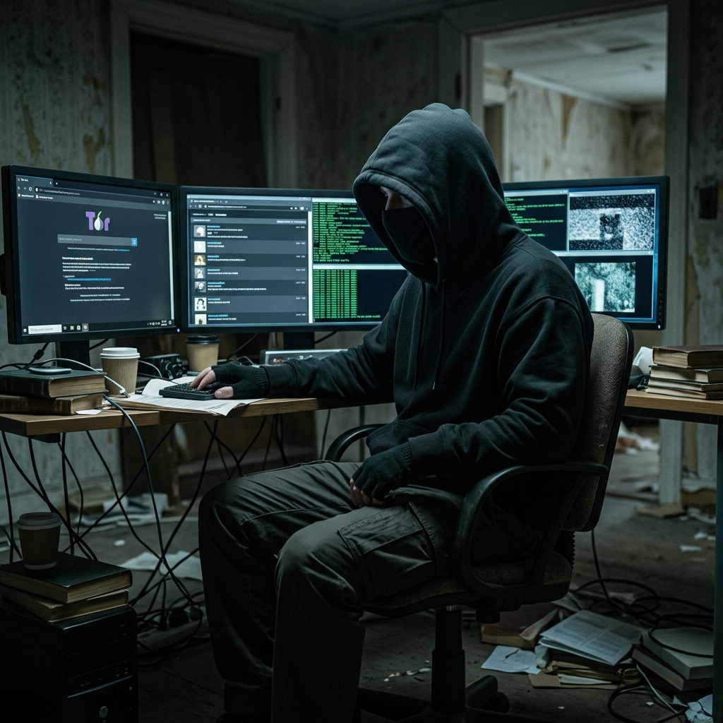 Person in dark hoodie and face mask using computer with multiple monitors showing code and the Tor browser