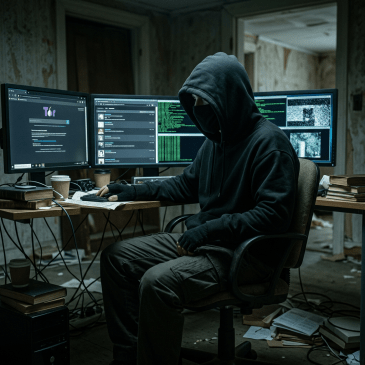Person in dark hoodie and face mask using computer with multiple monitors showing code and the Tor browser