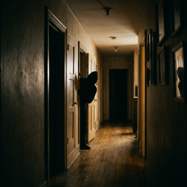 Person in dark clothing peeking from behind a door in a dim hallway