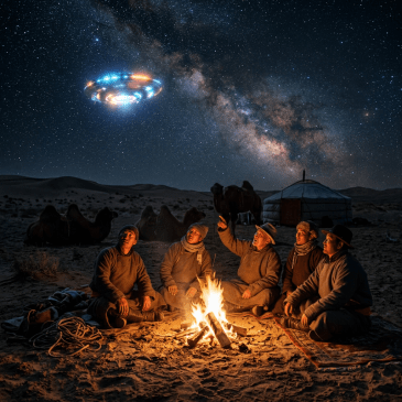 Five people sitting around a campfire in the desert at night, looking at a brightly lit UFO in the sky with the Milky Way visible