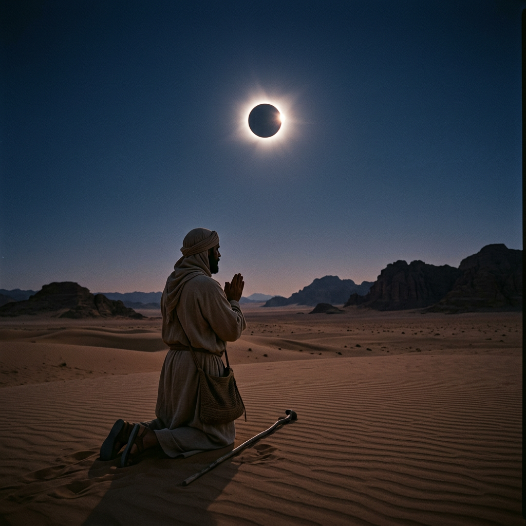 Person kneeling and praying in desert under solar eclipse
