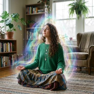Woman sitting cross-legged in meditation with a glowing multicolored aura around her
