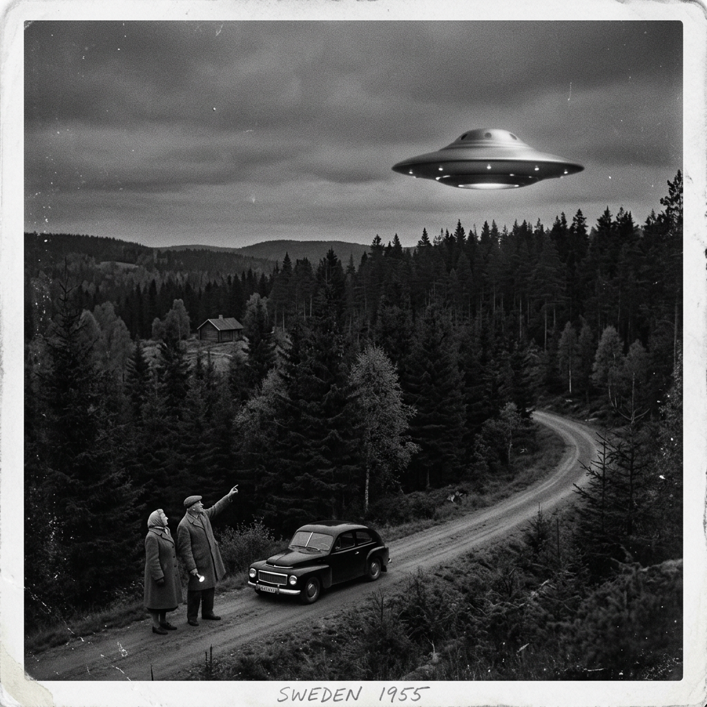 Two people standing next to a vintage car on a forest road looking at a UFO in the sky