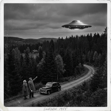 Two people standing next to a vintage car on a forest road looking at a UFO in the sky