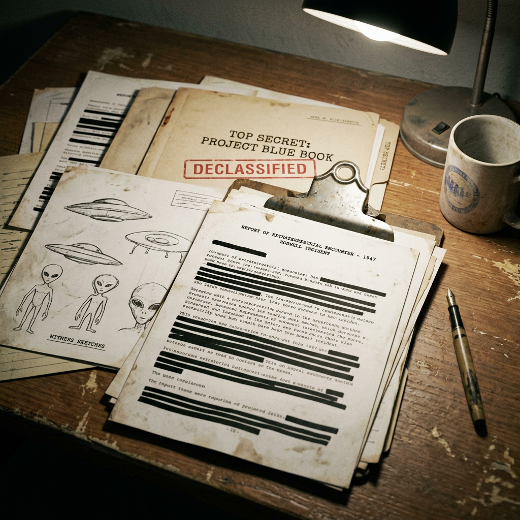 Declassified Project Blue Book folders and papers with UFO and alien witness sketches