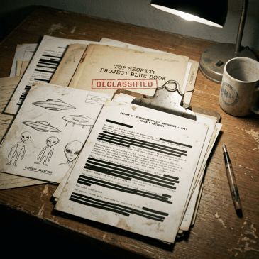 Declassified Project Blue Book folders and papers with UFO and alien witness sketches