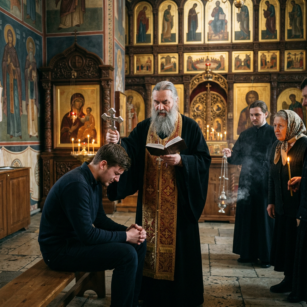 Orthodox priest blessing a young man kneeling with hands clasped inside a richly decorated church interior with icons and candles