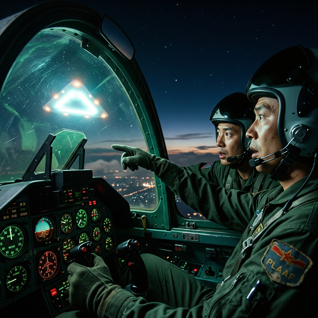 Two military pilots in cockpit observing a glowing triangular object outside at night