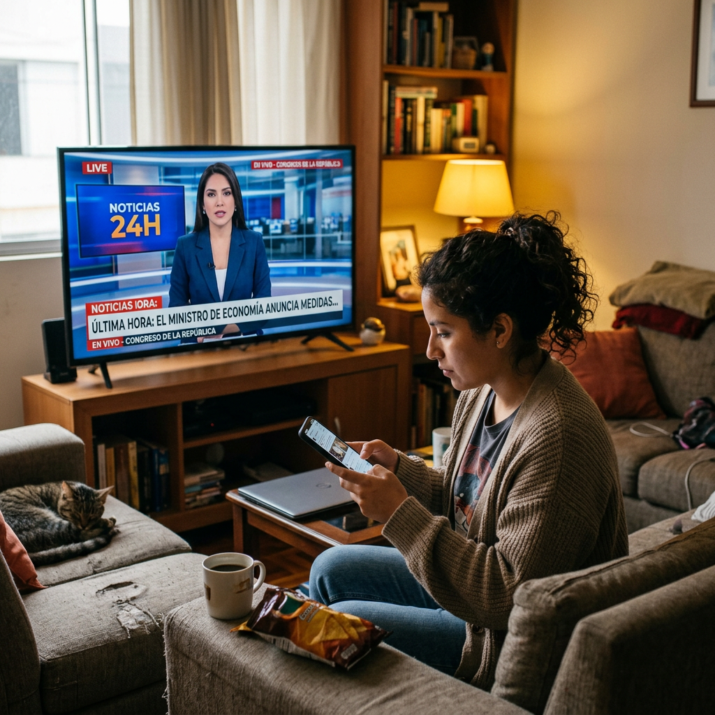 Woman sitting on couch using smartphone while live news broadcast runs on TV