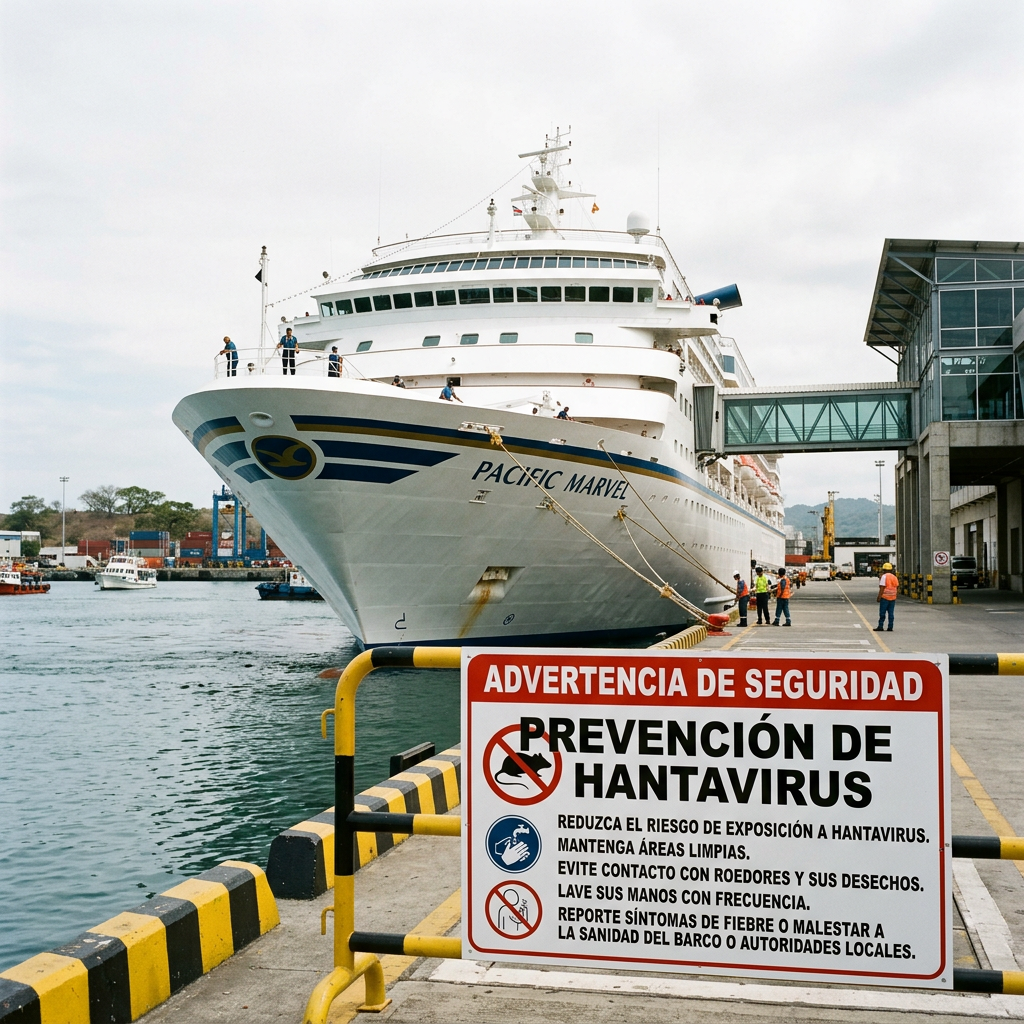Sign warning about hantavirus prevention in Spanish on dock near cruise ship