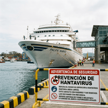 Sign warning about hantavirus prevention in Spanish on dock near cruise ship